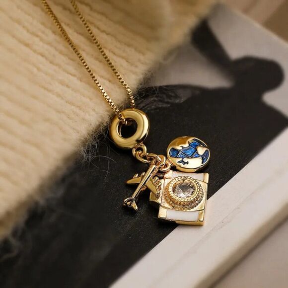 Blue Planet Earth Globe Jet Airplane Plane Charm Bracelet Necklace Gift for Her - Picture 1 of 4